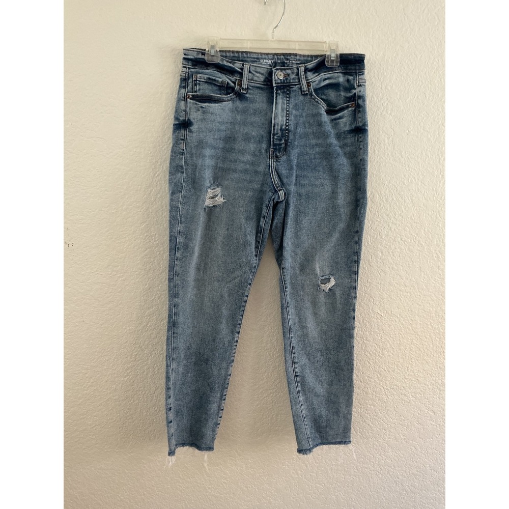 Old Navy O.G. Straight Jeans Size 12 High Rise Distressed Raw Hem Extra Stretch